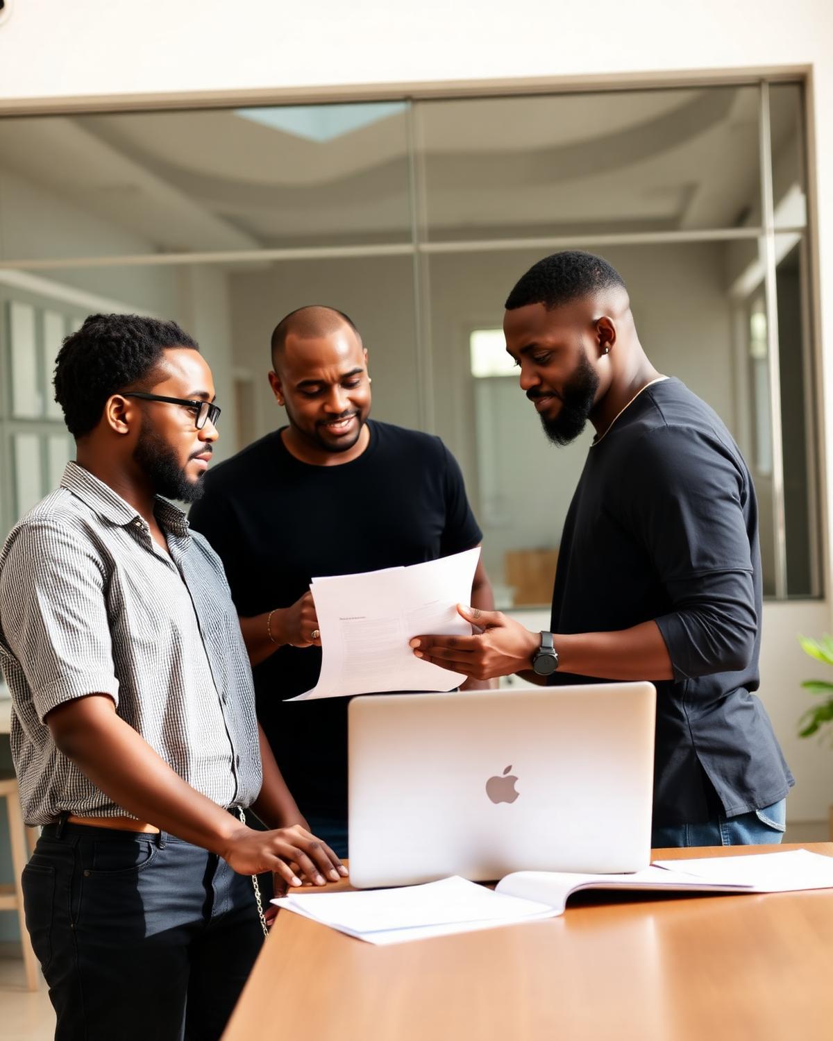 Founders reviewing a printed agreement together in a modern Lagos workspace