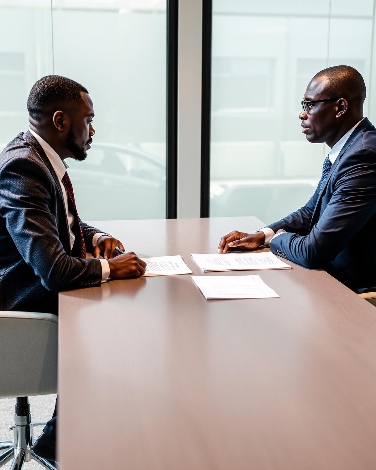 Two professionals negotiating across a meeting table