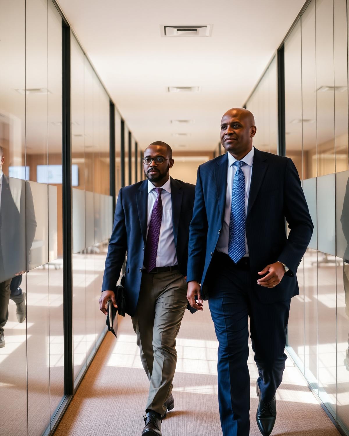 Executives walking through a modern office corridor in conversation